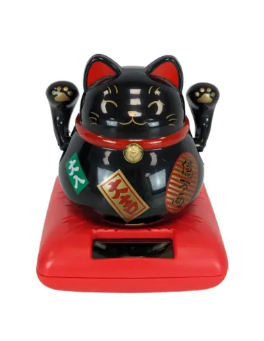 Maneki Neko Noir à Énergie Solaire Chat Porte-Bonheur Japonais 9cm