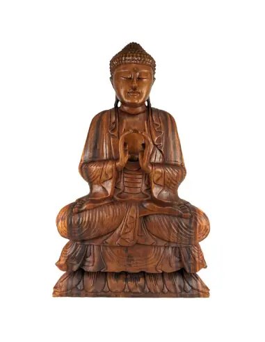 Grande Statue de Bouddha assis 80cm | Bois Sculpté à la Main