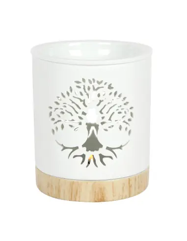 Brûle-parfum Arbre de Vie en Céramique Blanche et Bois