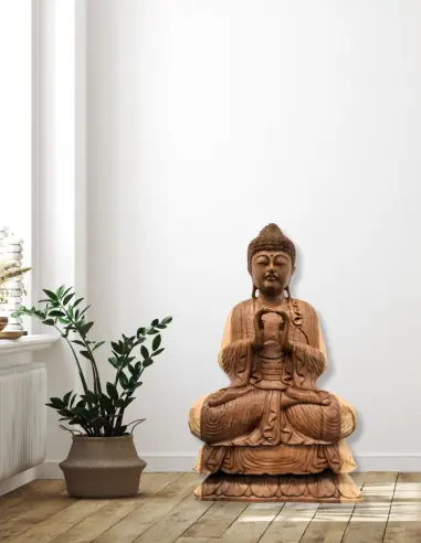 Grande Statue de Bouddha assis en bois de Suar 80cm | Import Bali