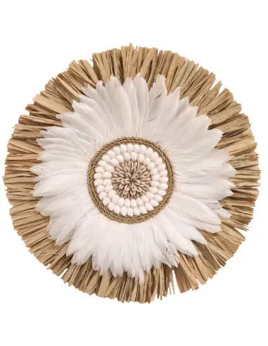 Décoration murale Bohème en Raphia, Coquillages & Plumes ⌀40cm