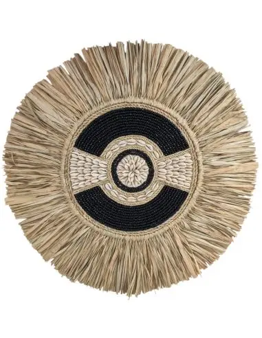 Décoration Murale en Raphia, Perles noires & Coquillages ⌀40cm