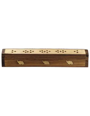 Porte-Encens motif Éléphants avec Récupérateur de cendres | Boîte Pratique en Bois de Manguier