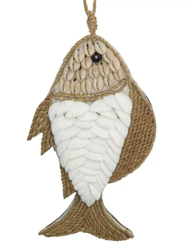 Suspension Poisson en Coquillages et Jonc de Mer 17cm | Déco Bord de Mer