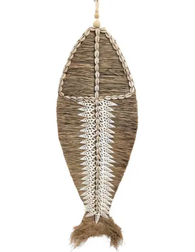 Déco murale Poisson 75cm en raphia et coquillages | Déco Bord de Mer