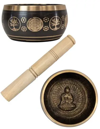 Bol Chantant Tibétain Noir et Or ø11cm | Bouddha, Arbre de Vie & Fleur de Vie