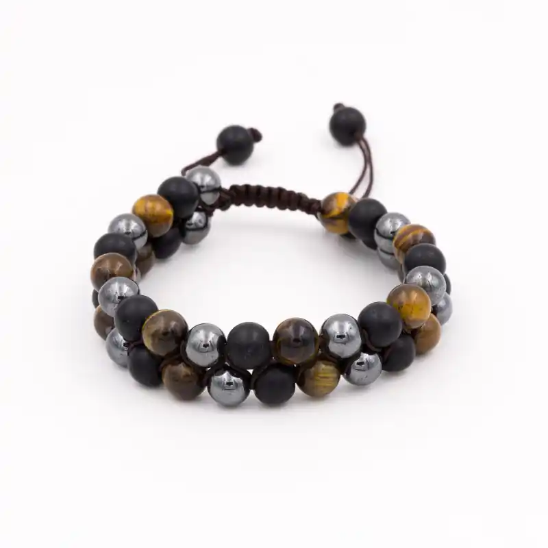Bracelet shamballa en pierre oeil de tigre, hématite et shaligram