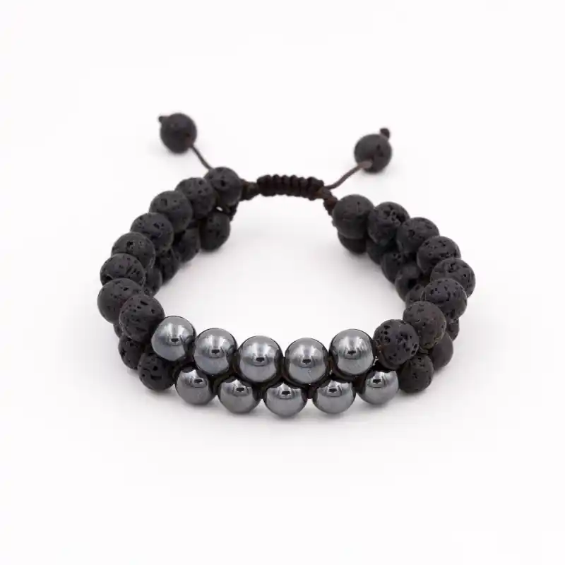 Bracelet double en pierre de lave et hématite