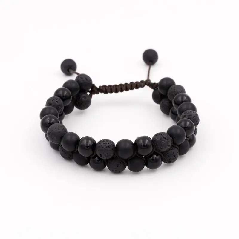 Bracelet double en pierre de lave, onyx noir et shaligram