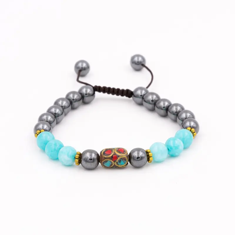 Bracelet mâlâ en hématite et amazonite bleu ciel