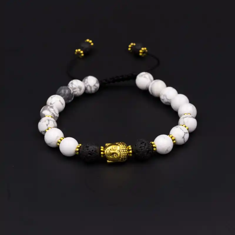 Bracelet bouddha en howlite blanche et pierre de lave