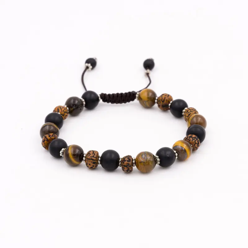 Bracelet en perles de shaligram, oeil de tigre et rudraksha polies