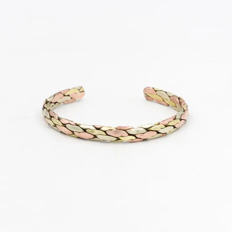 Bracelet tibétain tressé en cuivre, laiton et métal blanc