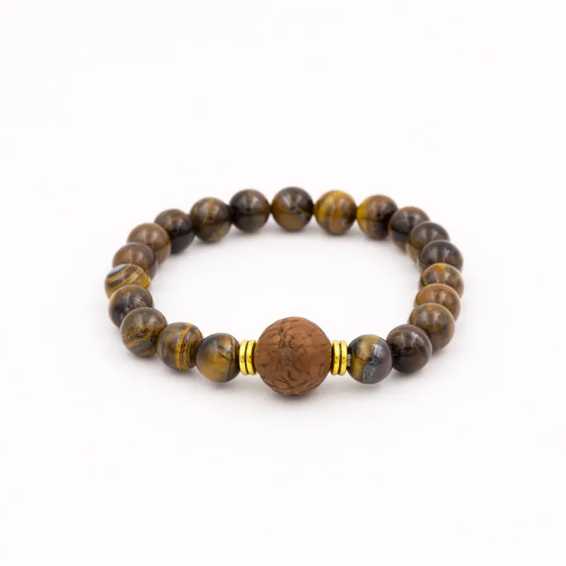 Bracelet mâlâ en pierre oeil de tigre et graine de bodhi