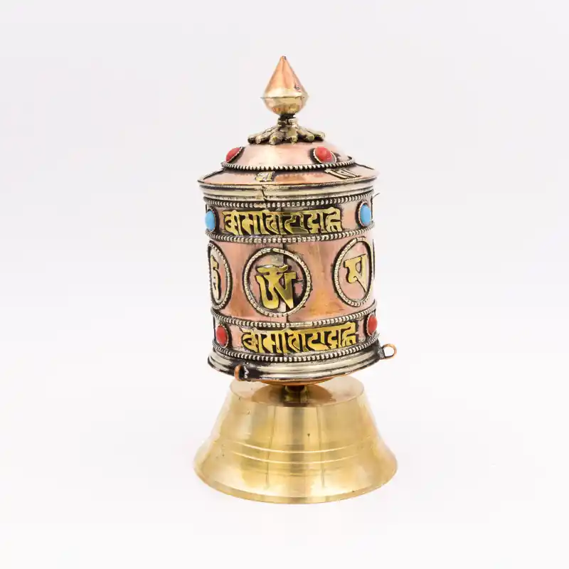 Moulin à prière de table en cuivre avec mantra bouddhiste en laiton