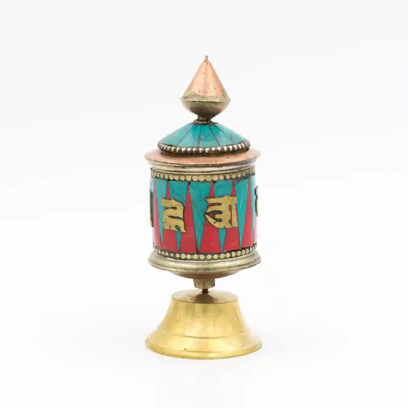 Petit moulin à prière tibétain de table plaqué en turquoise et corail