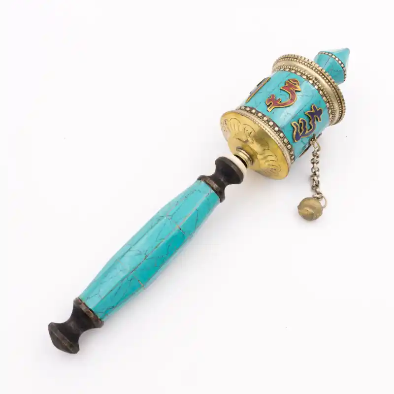 Moulin à prière bouddhiste tibétain manuel plaqué turquoise
