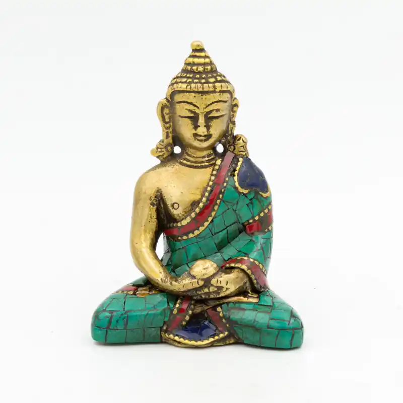 Statuette du Bouddha Amitabha en laiton, turquoise et corail - 8 cm