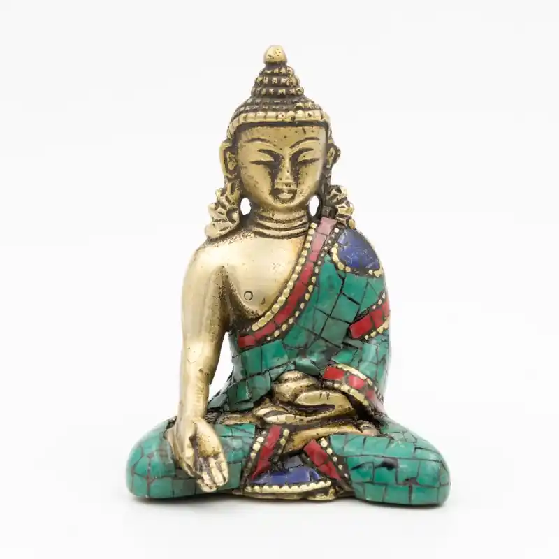 Statuette du Bouddha Ratnasambhava en laiton, turquoise et corail - 8 cm