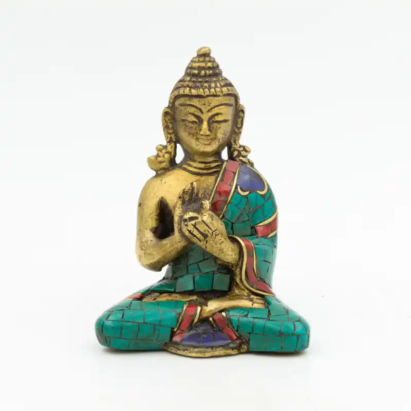 Statuette du Bouddha Vairocana en laiton, turquoise et corail - 8 cm