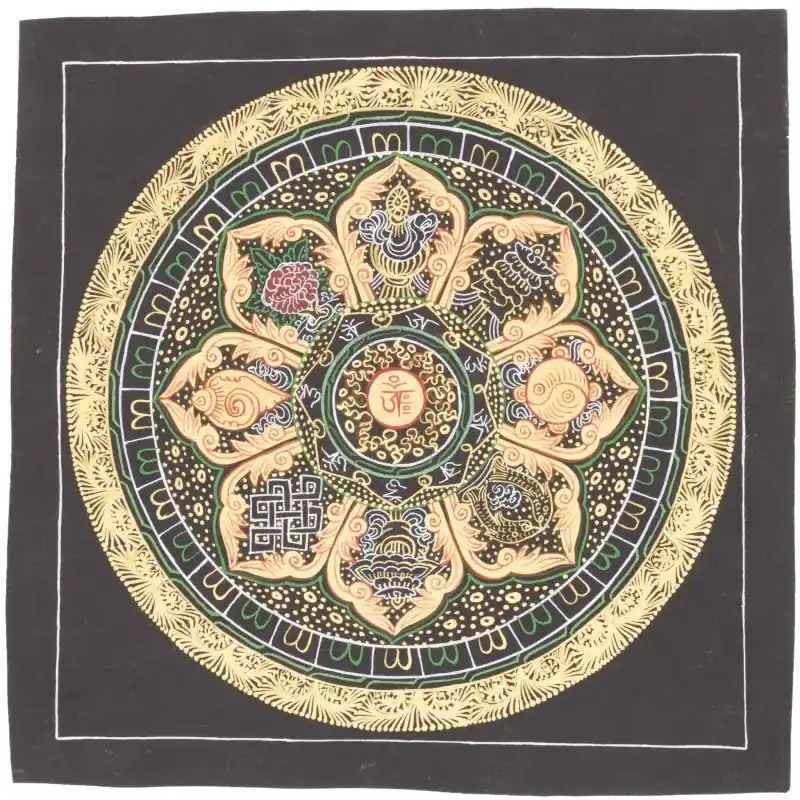 Thangka tibétain des 8 signes auspicieux du bouddhisme