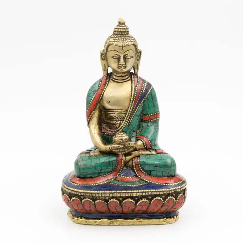 Statue du Bouddha Amitabha en laiton, turquoise et corail - 14 cm