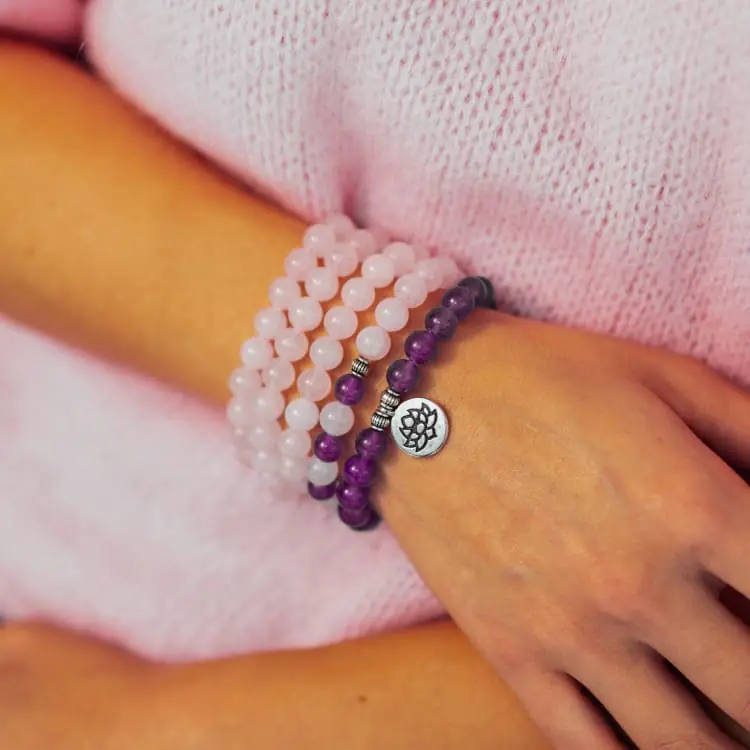 Bracelet Mala «Réconfort & Sérénité» 108 perles en Quartz Rose et Améthyste