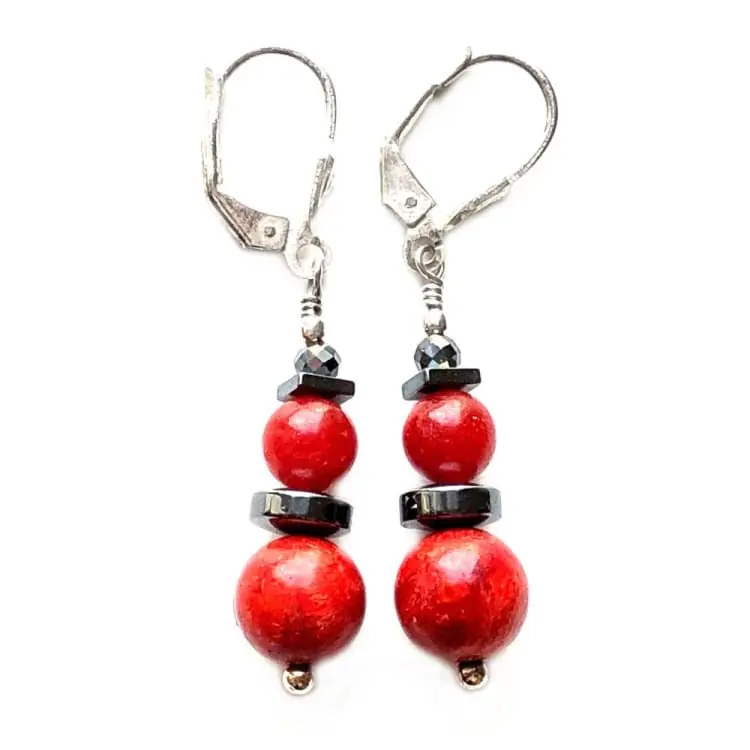 Boucles d’oreilles en Corail d’Indonésie, Hématite et Argent