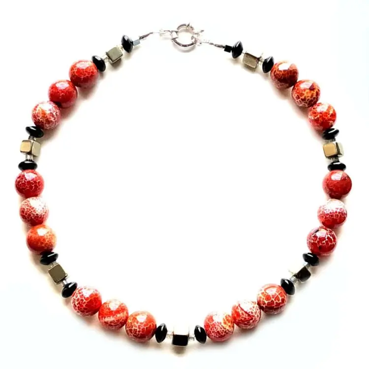 Collier Cornaline, Onyx, Pyrite et Argent