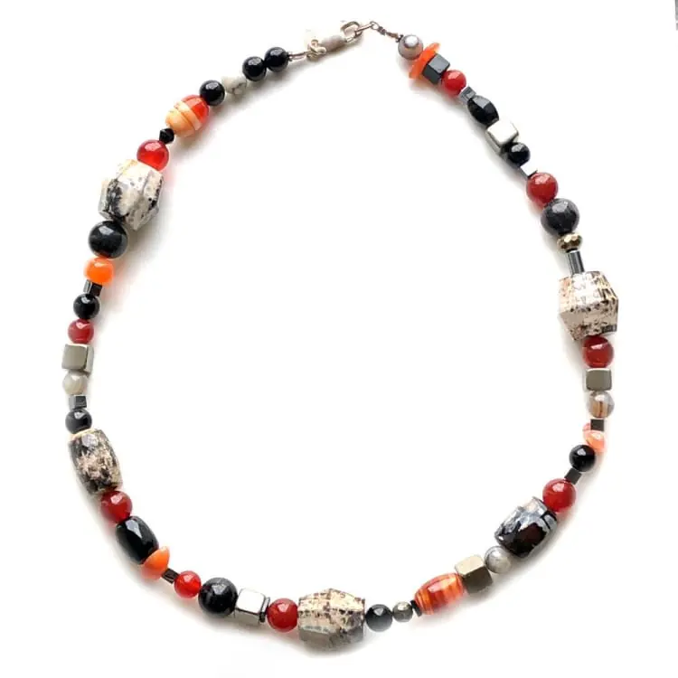 Collier Agate, Cornaline, Onyx, Pyrite et Argent