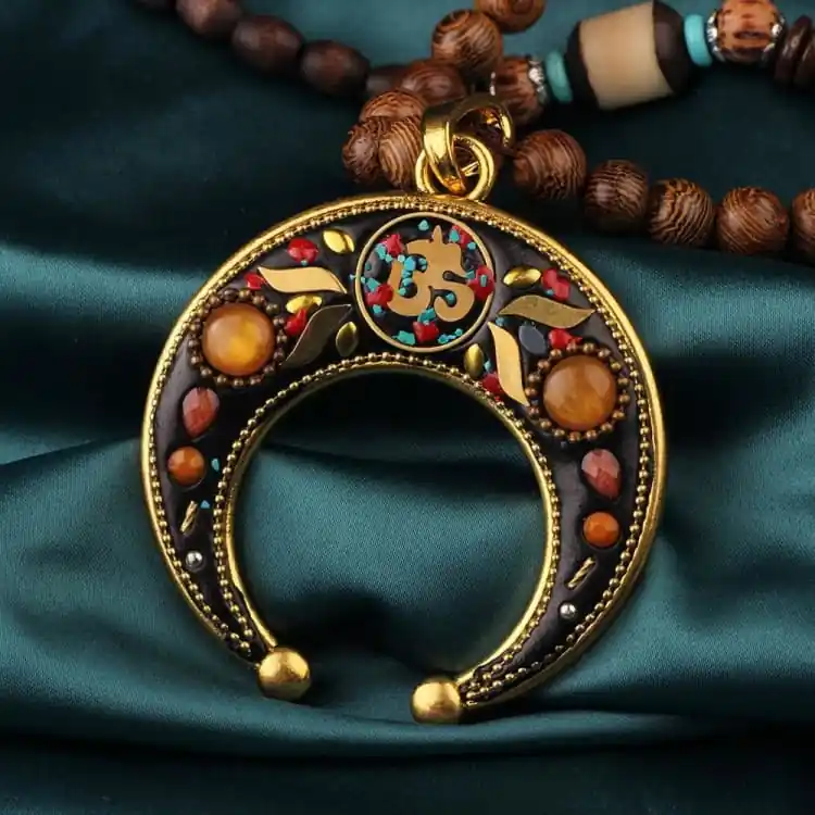 Collier perles de bois 'Célébration du printemps' - Mantras tibétains