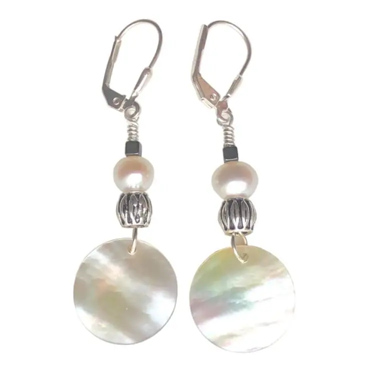 Boucles d'oreilles en Nacre blanche, Perle d'eau douce et Argent