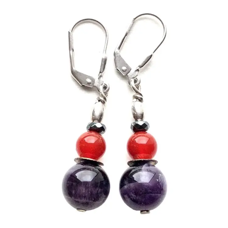 Boucles d'oreilles en Améthyste, Cornaline et Argent