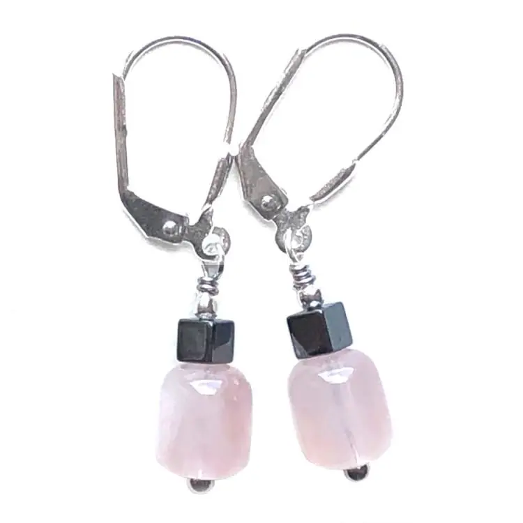 Boucles d'oreilles en Quartz rose, Hématite et Argent