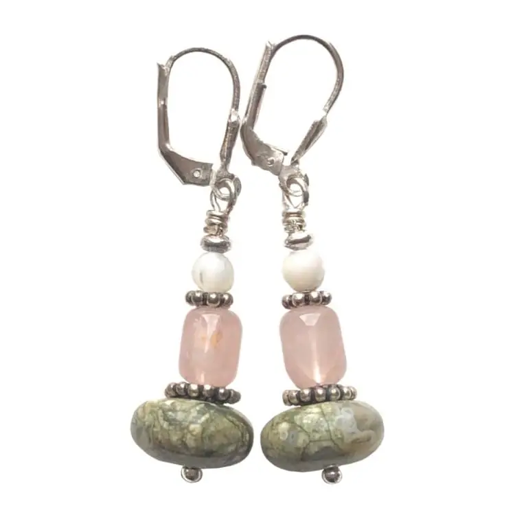 Boucles d'oreilles en Quartz rose, Jaspe vert, Nacre et Argent
