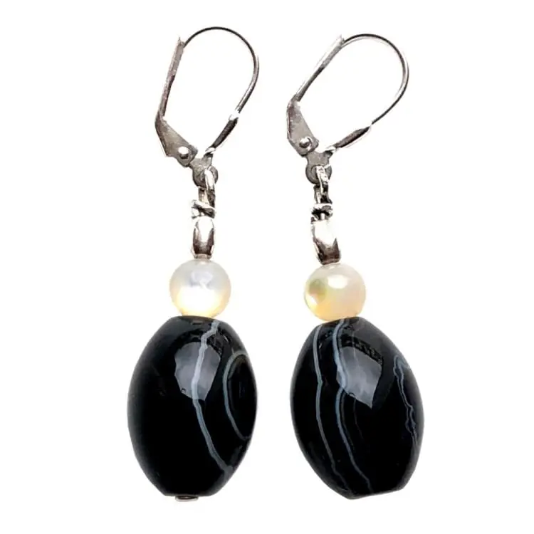 Boucles d'oreilles en Onyx, Nacre et Argent