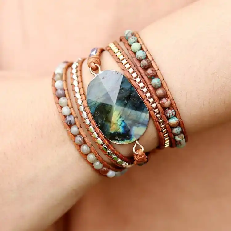 Bracelet en cuir Wrap Labradorite