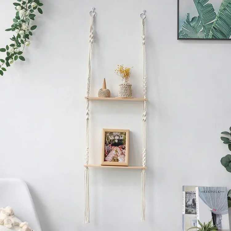 Etagère murale Zen en bois et macramé - Double corde