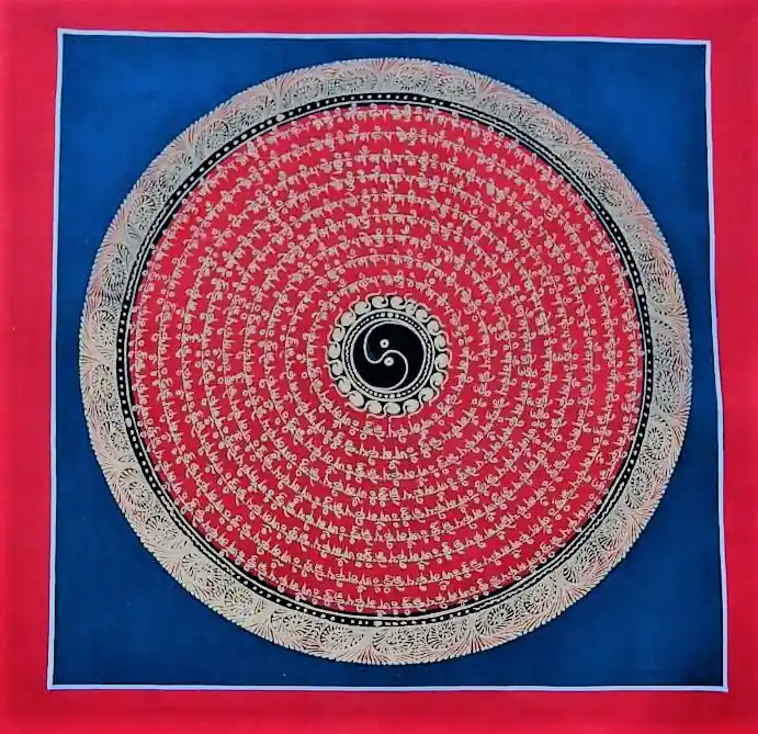 Mantra Doré Mandala Avec Fond Rouge et Bleu