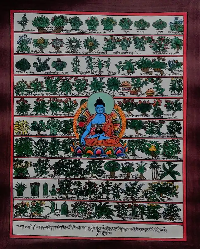 Thangka de Médecine avec le Bouddha de la Médecine au Centre