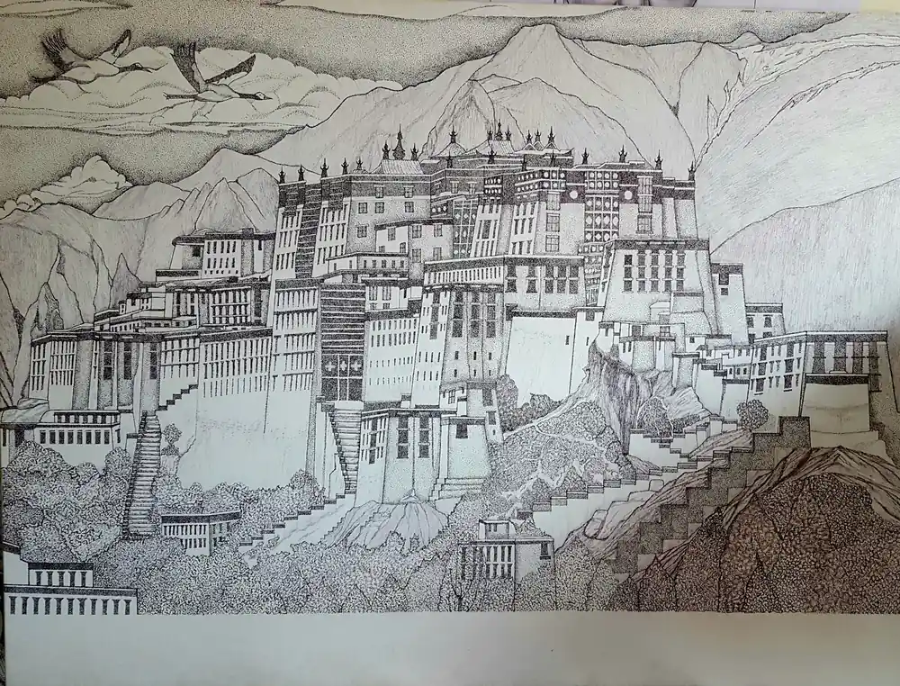 Croquis en pointillé du Potala de Lhassa