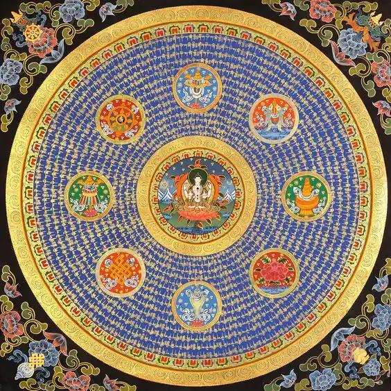 Mandala du Mantra de Chenrezig avec 8 Symboles Auspicieux