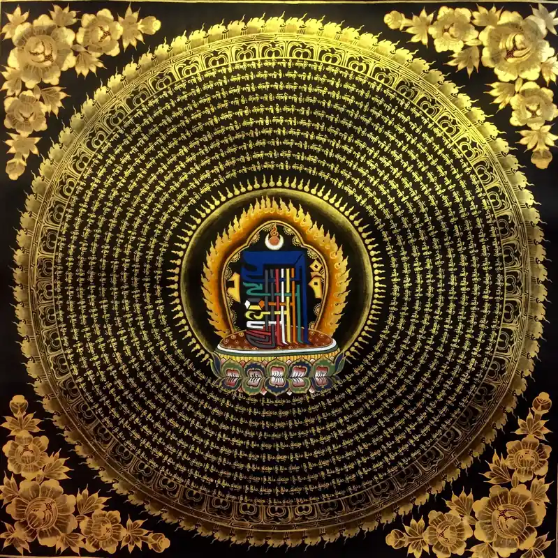Mandala du Mantra Om Mani Padme Hum avec symbole bouddhiste