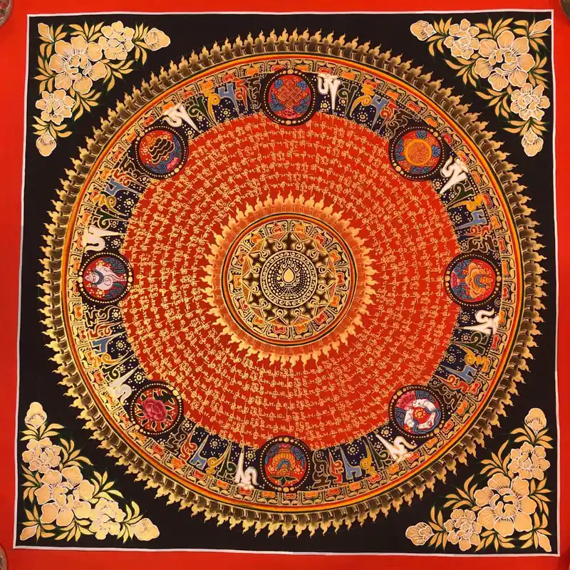 Mandala Om Mani Padme Hum avec 8 symboles auspices