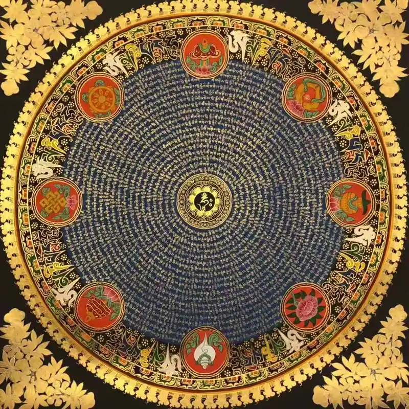 L’Om Mantra Mandala avec les 8 symboles auspicieux