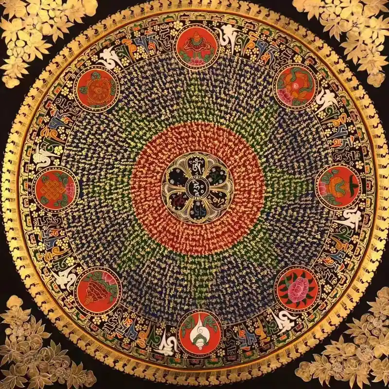 Mantra Mandala avec 8 symboles auspicieux