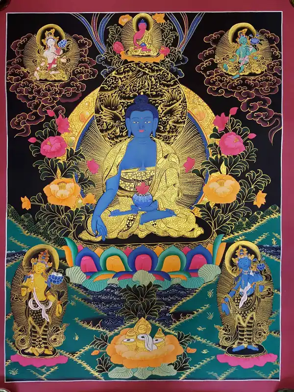 Mandala du Bouddha de la Médecine avec Tara Blanche et Tara Verte