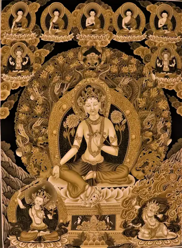 Thangka de la Tara Blanche avec les 5 Bouddhas Dhyani