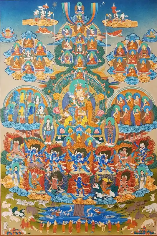 Arbre généalogique de la lignée Nyingma avec Guru Rinpoche et Yeshe Tsogyal