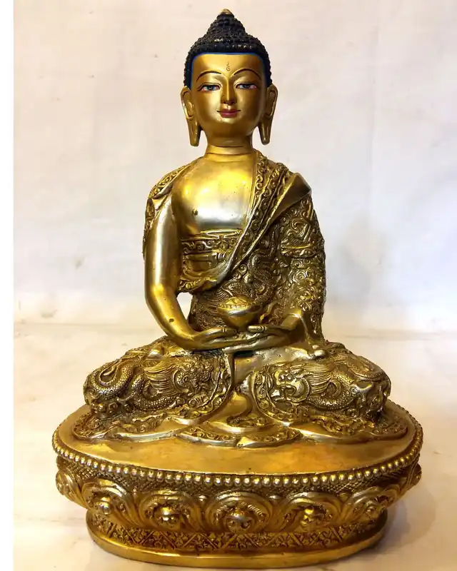 Statue d’Amitava Bouddha – Plaquée or plein feu avec sculpture profonde